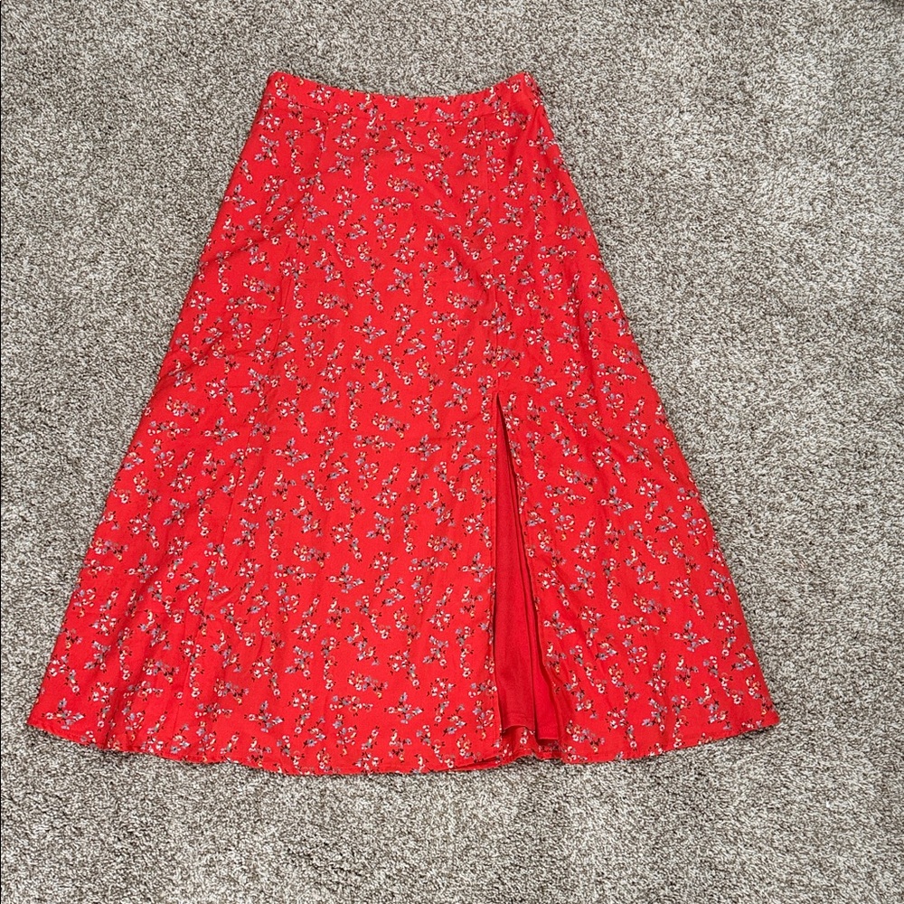 Lulu's Bright Red Floral A-Line Skirt with Front Slit